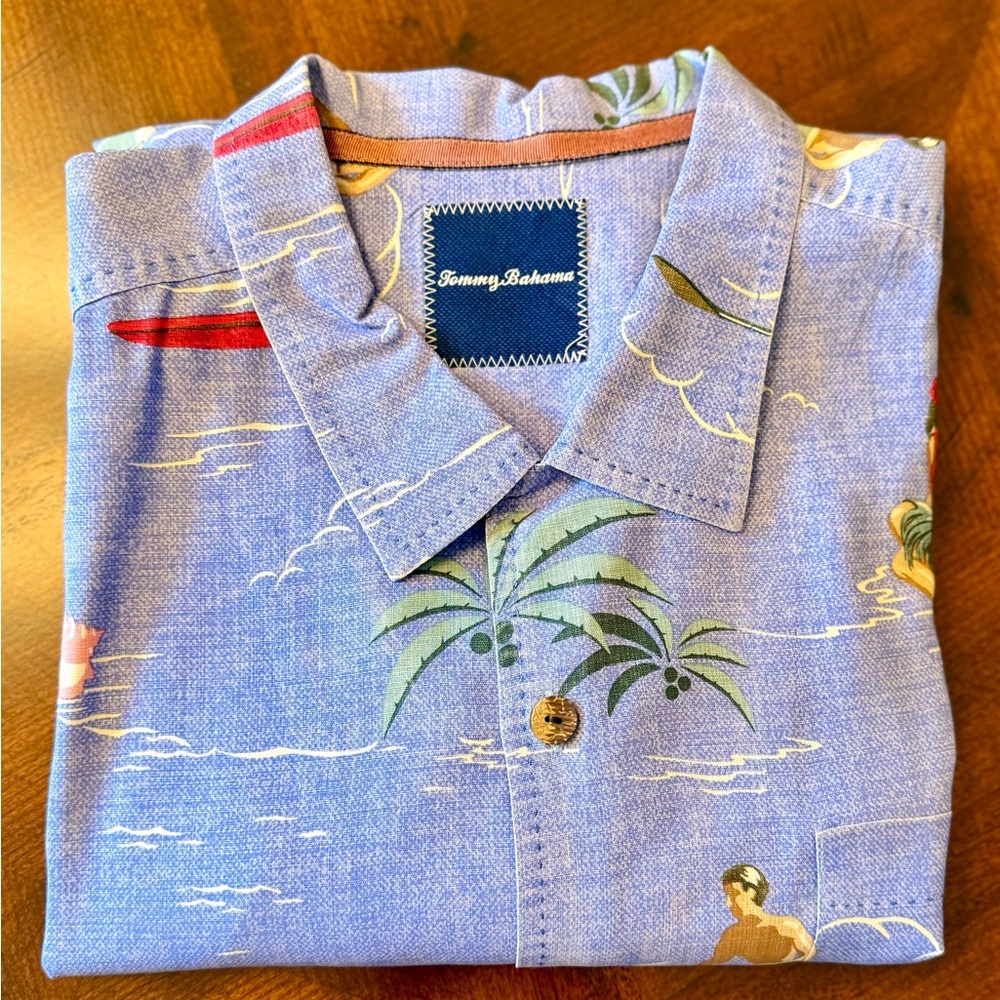 Tommy Bahama Lavender Palm-Print Camp Shirt with Red Surf Accents